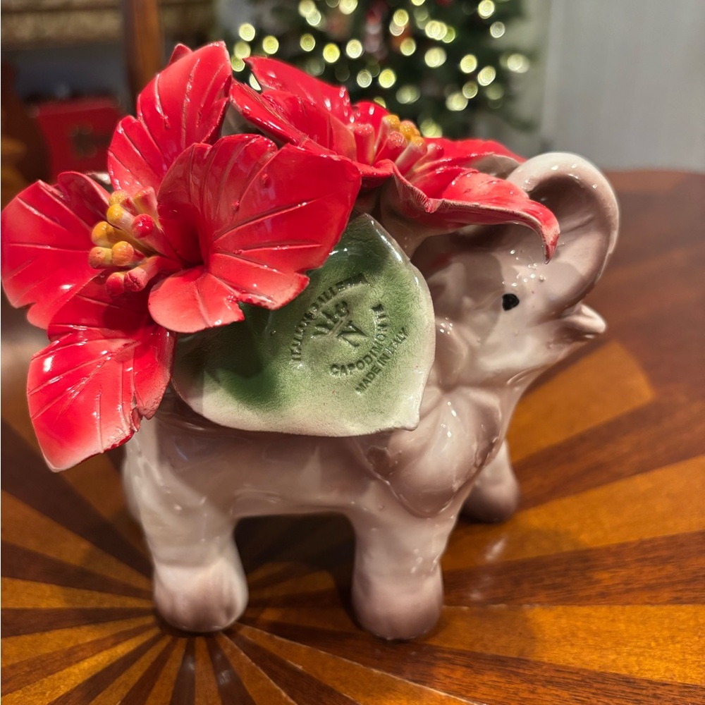 Ceramic Elephant Planter with Red Flowers